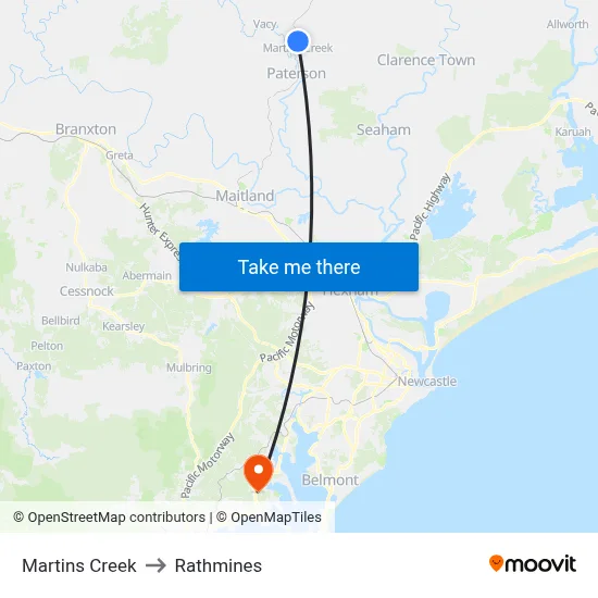 Martins Creek to Rathmines map