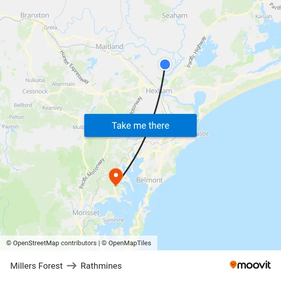 Millers Forest to Rathmines map