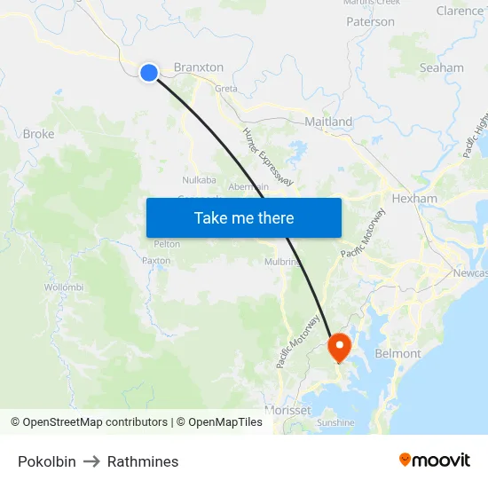 Pokolbin to Rathmines map