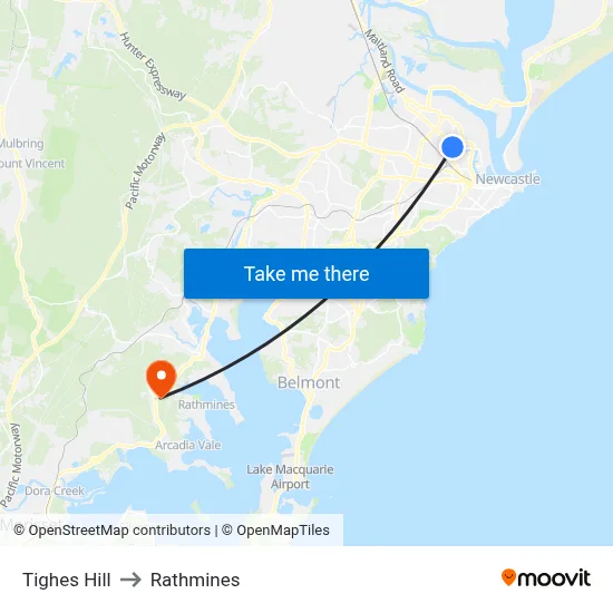Tighes Hill to Rathmines map
