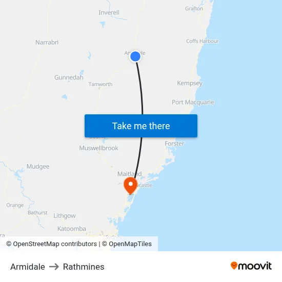 Armidale to Rathmines map