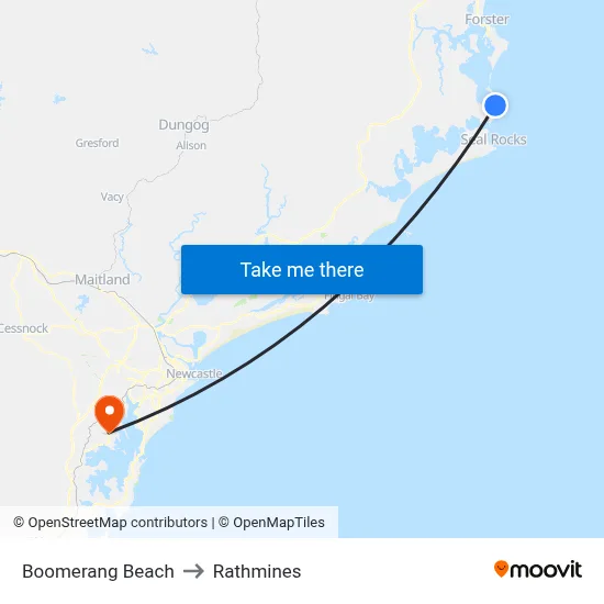 Boomerang Beach to Rathmines map