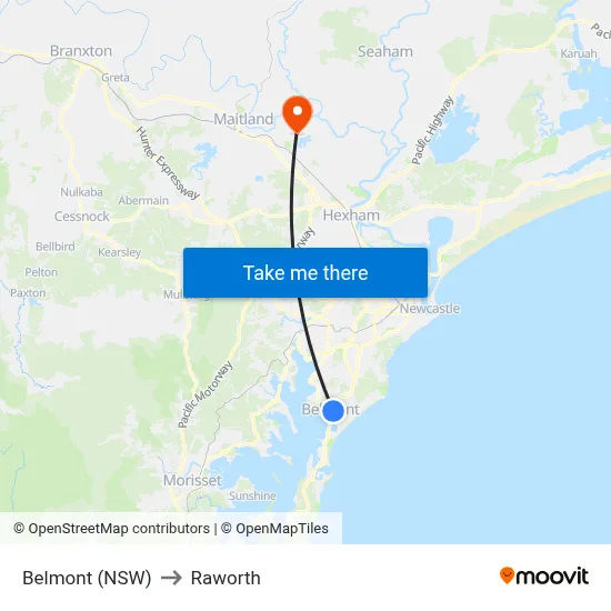 Belmont (NSW) to Raworth map
