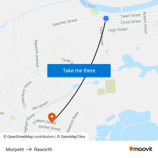 Morpeth to Raworth map