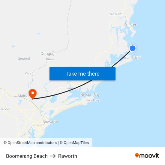 Boomerang Beach to Raworth map