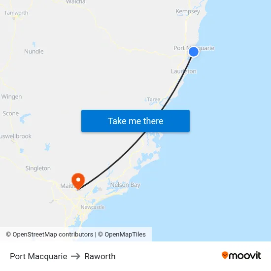 Port Macquarie to Raworth map