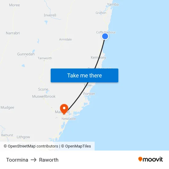 Toormina to Raworth map
