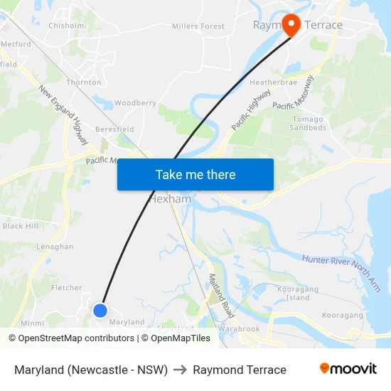 Maryland (Newcastle - NSW) to Raymond Terrace map