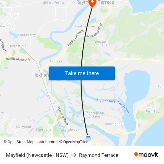 Mayfield (Newcastle - NSW) to Raymond Terrace map