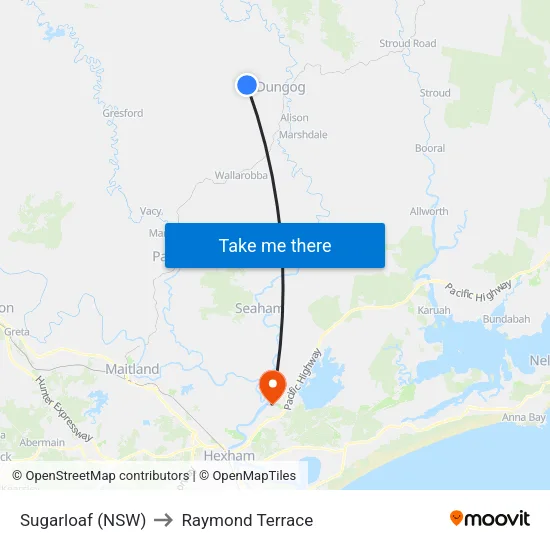 Sugarloaf (NSW) to Raymond Terrace map