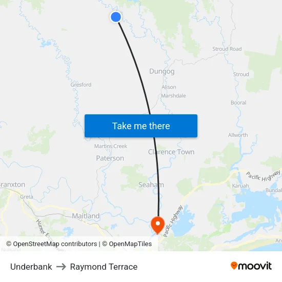 Underbank to Raymond Terrace map