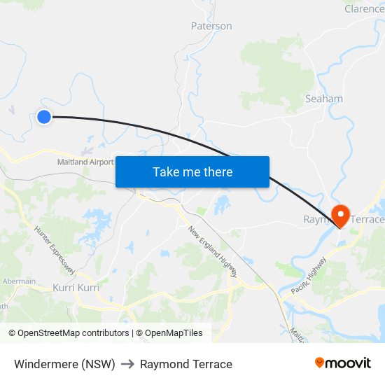 Windermere (NSW) to Raymond Terrace map