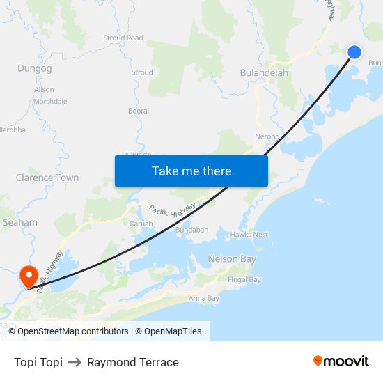 Topi Topi to Raymond Terrace map