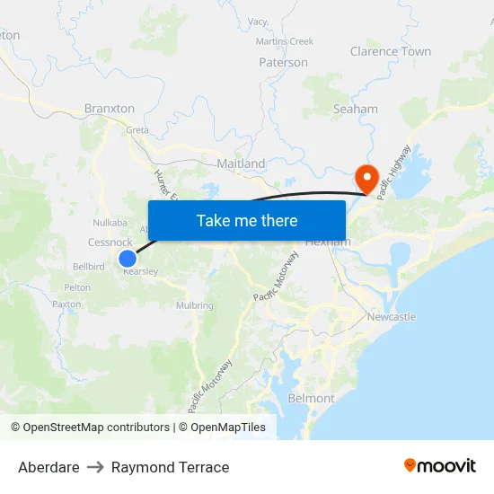 Aberdare to Raymond Terrace map