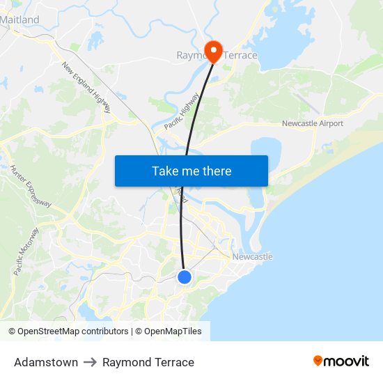 Adamstown to Raymond Terrace map