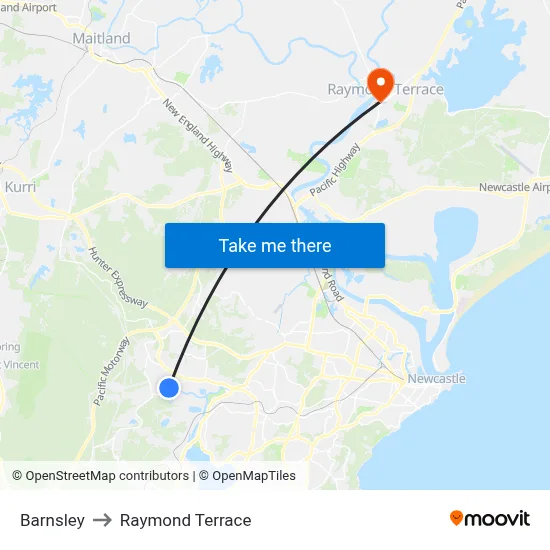 Barnsley to Raymond Terrace map