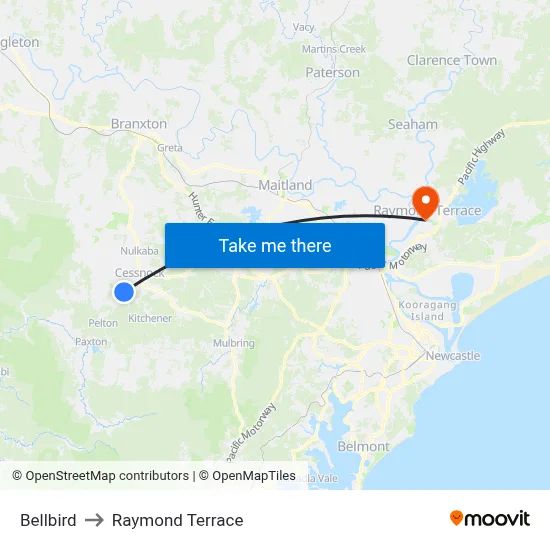 Bellbird to Raymond Terrace map