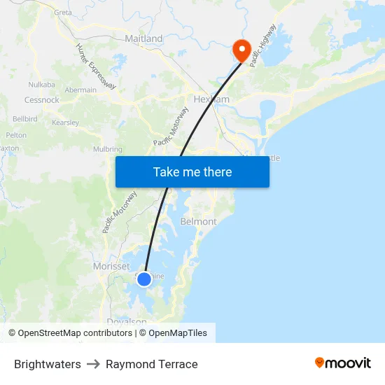 Brightwaters to Raymond Terrace map