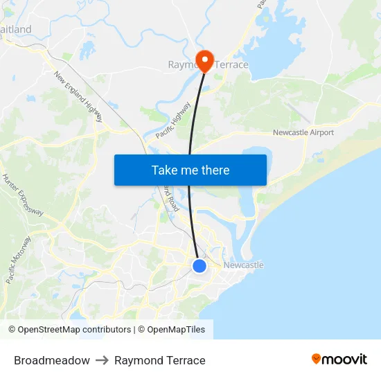 Broadmeadow to Raymond Terrace map