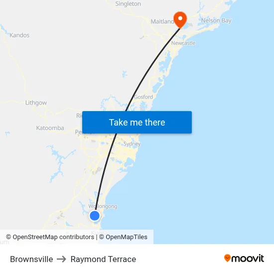 Brownsville to Raymond Terrace map