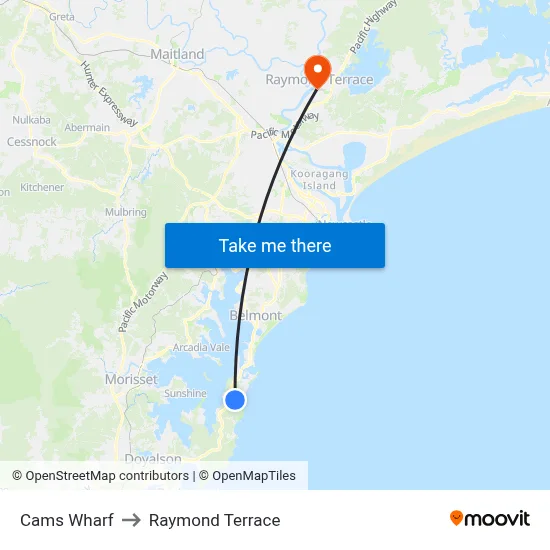 Cams Wharf to Raymond Terrace map