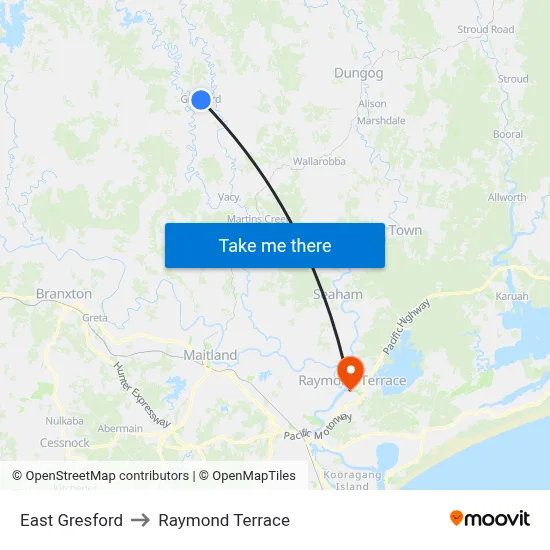 East Gresford to Raymond Terrace map