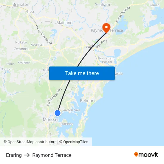 Eraring to Raymond Terrace map