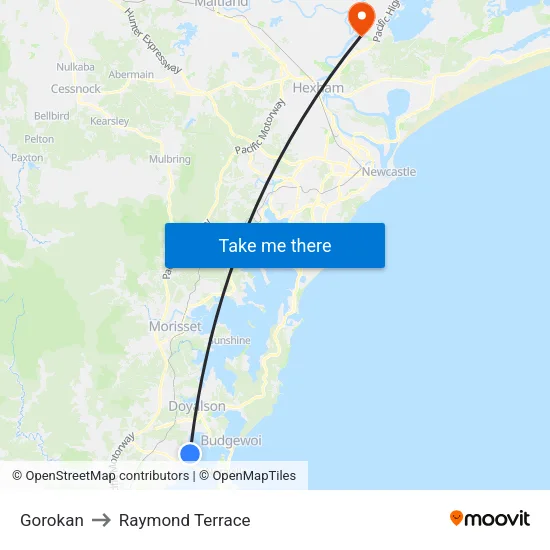 Gorokan to Raymond Terrace map