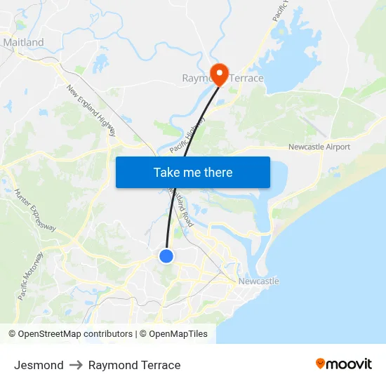 Jesmond to Raymond Terrace map