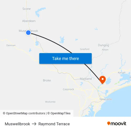 Muswellbrook to Raymond Terrace map