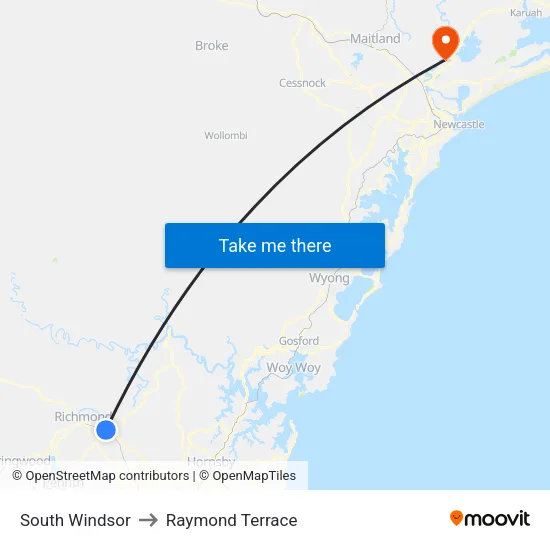 South Windsor to Raymond Terrace map