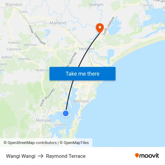 Wangi Wangi to Raymond Terrace map
