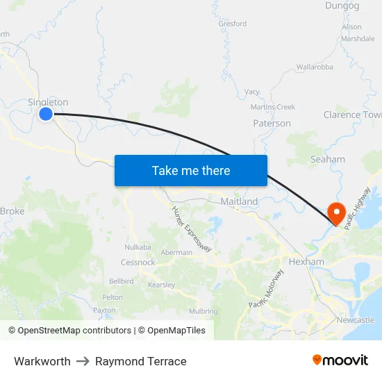 Warkworth to Raymond Terrace map