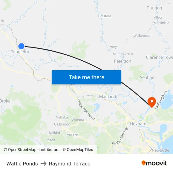 Wattle Ponds to Raymond Terrace map