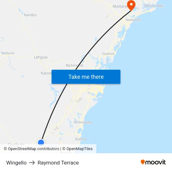 Wingello to Raymond Terrace map