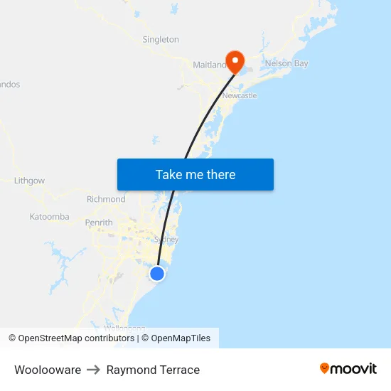 Woolooware to Raymond Terrace map