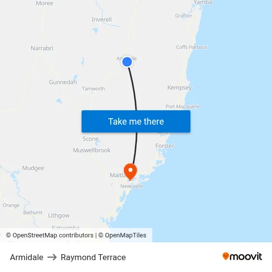 Armidale to Raymond Terrace map