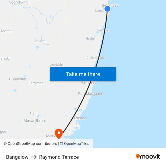 Bangalow to Raymond Terrace map