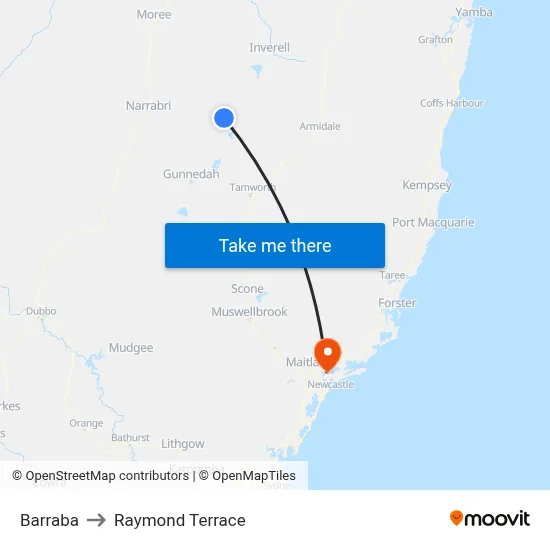 Barraba to Raymond Terrace map