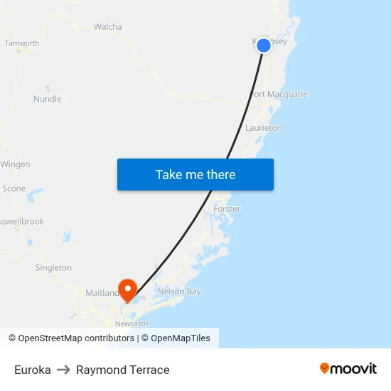 Euroka to Raymond Terrace map