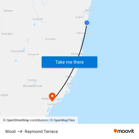 Wooli to Raymond Terrace map