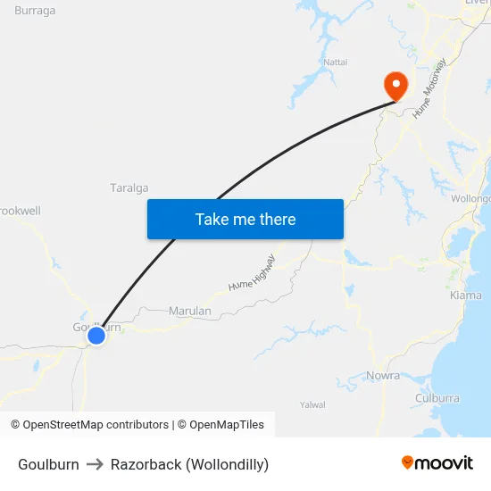 Goulburn to Razorback (Wollondilly) map