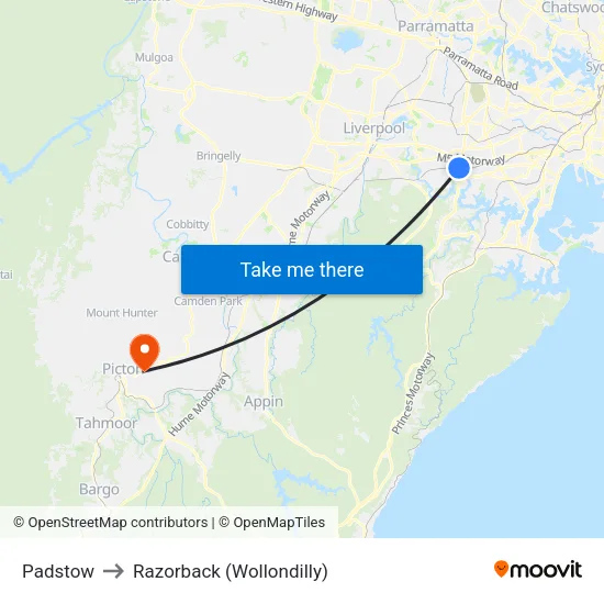 Padstow to Razorback (Wollondilly) map
