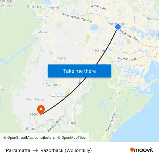 Parramatta to Razorback (Wollondilly) map