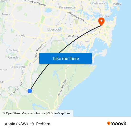 Appin (NSW) to Redfern map