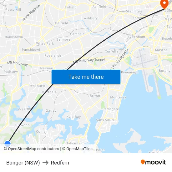 Bangor (NSW) to Redfern map