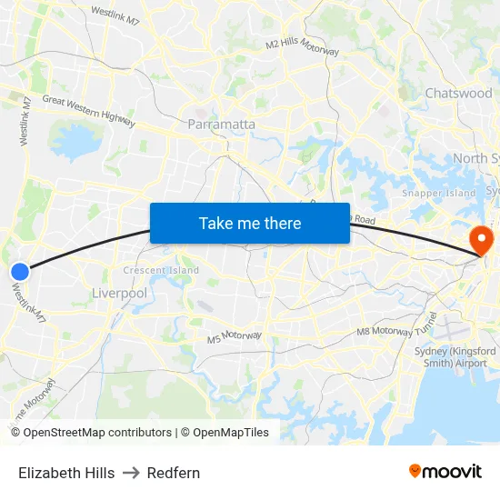 Elizabeth Hills to Redfern map