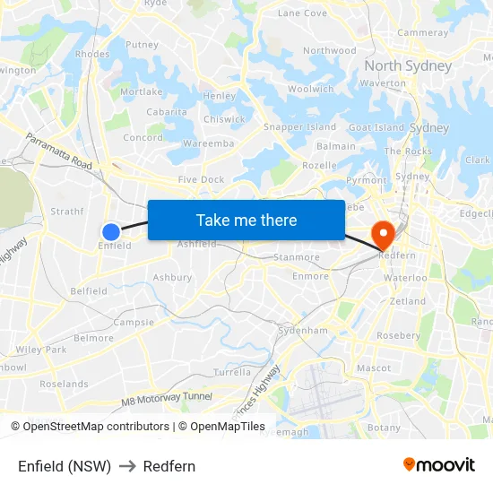 Enfield (NSW) to Redfern map