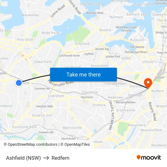 Ashfield (NSW) to Redfern map
