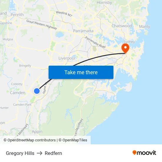 Gregory Hills to Redfern map